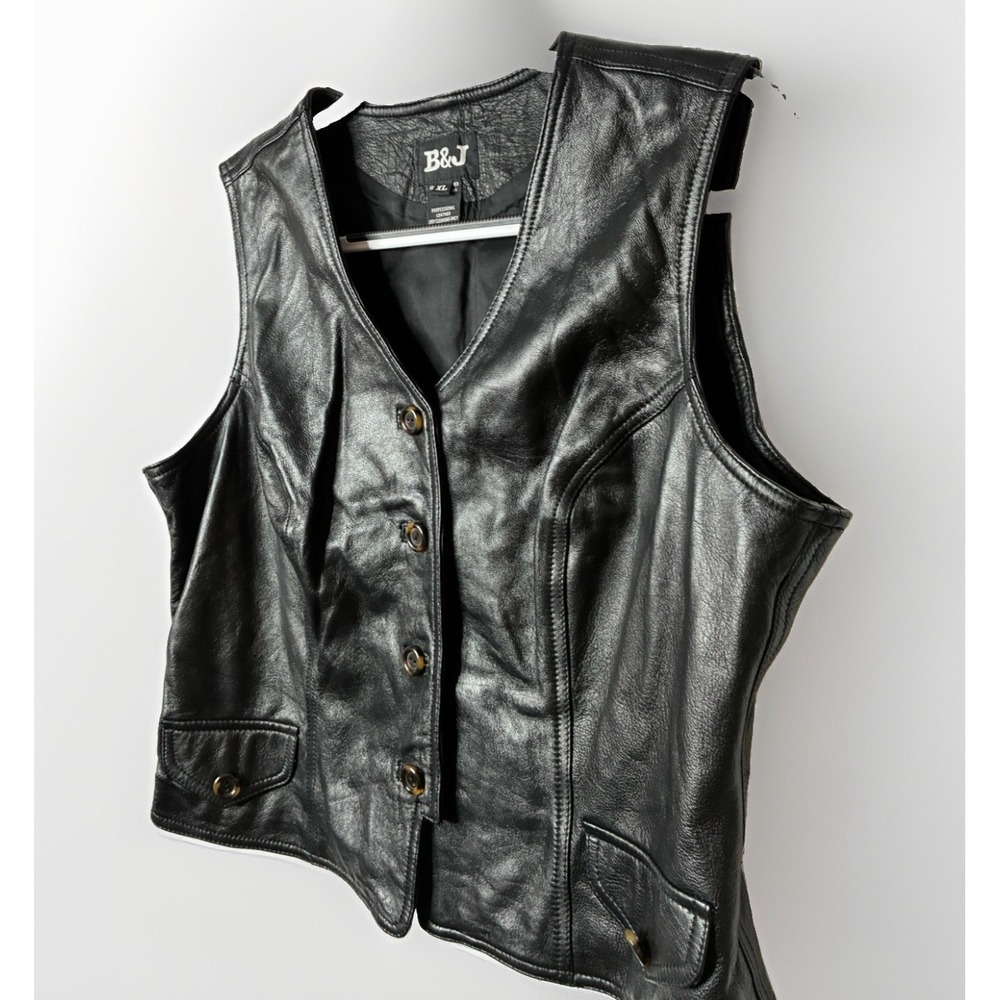B and J Womens Y2K Black Leather Vest XL Genuine Leather Italian Nappa